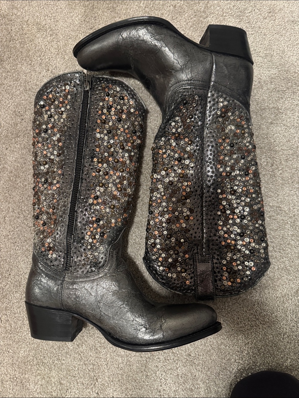 Frye Metallic Black Sequin Mid-Calf Heeled Boots